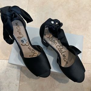 Black Satin Ballerina Tie Up Chunky Heels